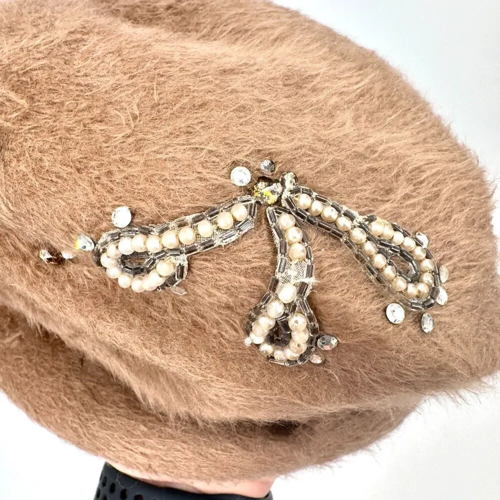 VEEDA LOUISA Tan Beige Vintage Bejeweled Beret Hat